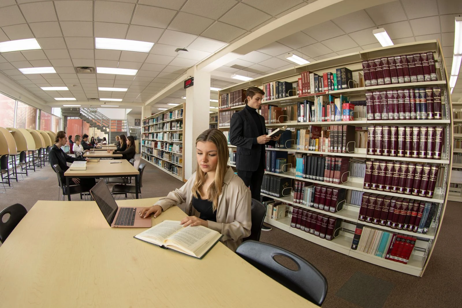 Estudiantes de Derecho consultando acervos bibliográficos y trabajando en la biblioteca de la FLDM.